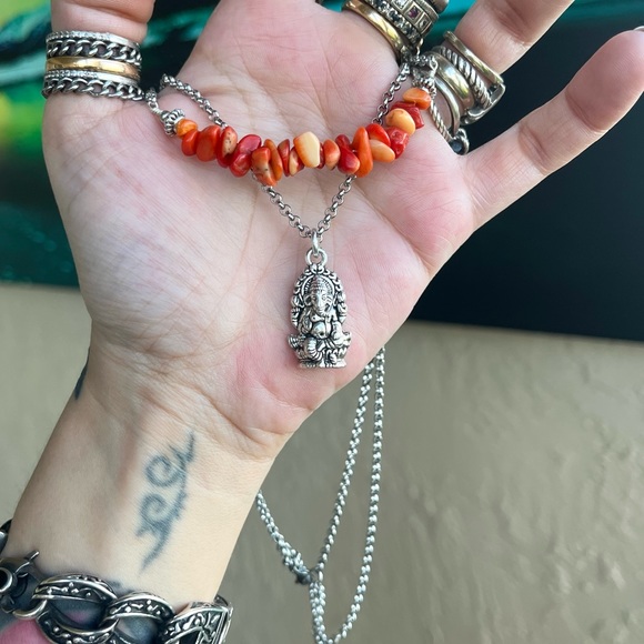 Set ! Red orange coral double layer ganesh necklace + earrings boho yoga zen gem - Picture 8 of 14